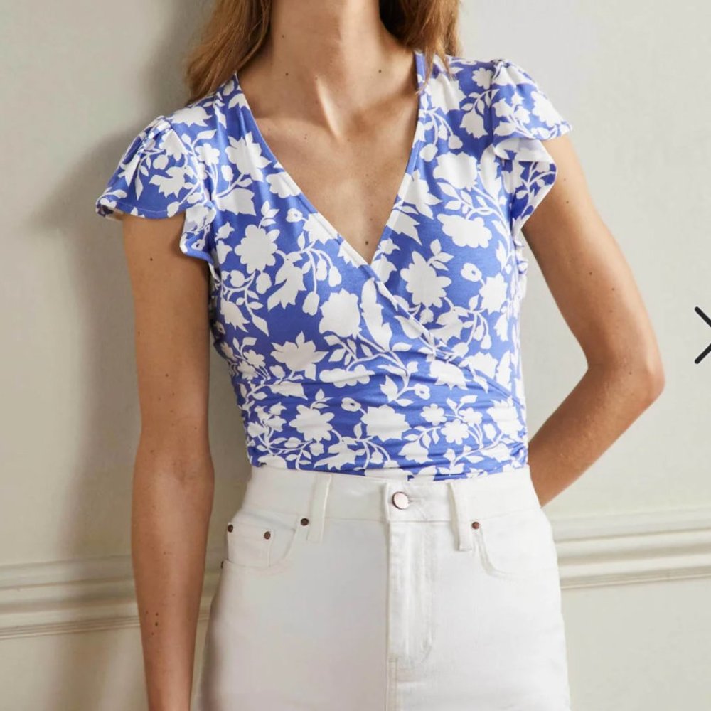 Boden flutter sleeve wrap top US 10 bluebell, botanic silhoutte
